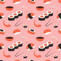 Cute seamless pattern with sushi, rolls and shrimps on a pink background. Royalty Free Stock Photo